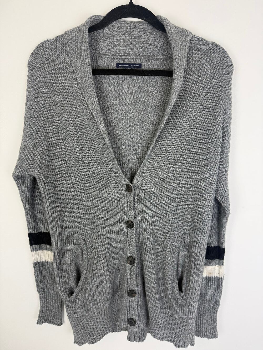 American Eagle Womens Gray Varsity Button Strip Academia Cardigan Sweater Small